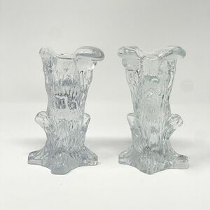 Swedish Art Glass Tree Stump Candle Sticks Holders Clear MCM Vintage 5" Set Of 2